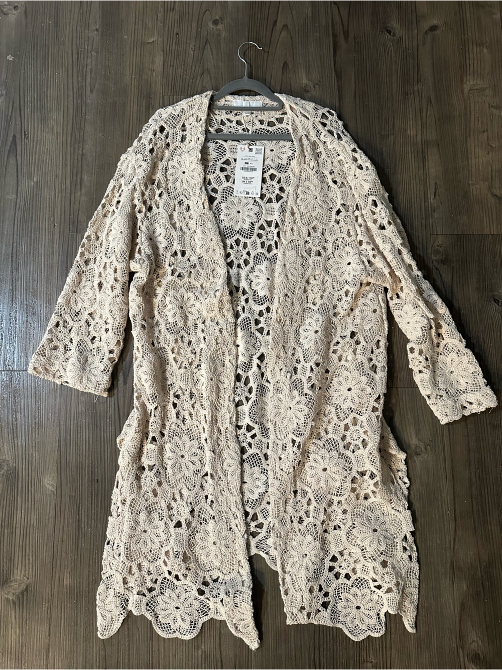 Zara Cream Crochet Long Open-Front Cardigan